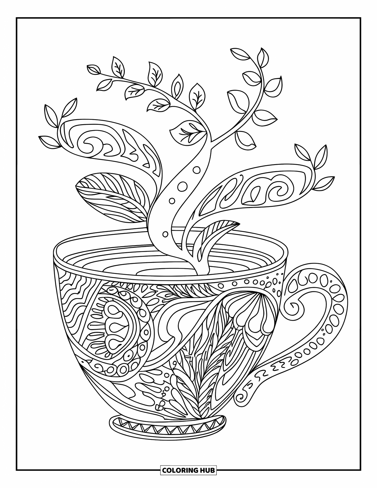 Coffee Coloring Page for Adults: An intricately designed coffee cup with vines and leaves