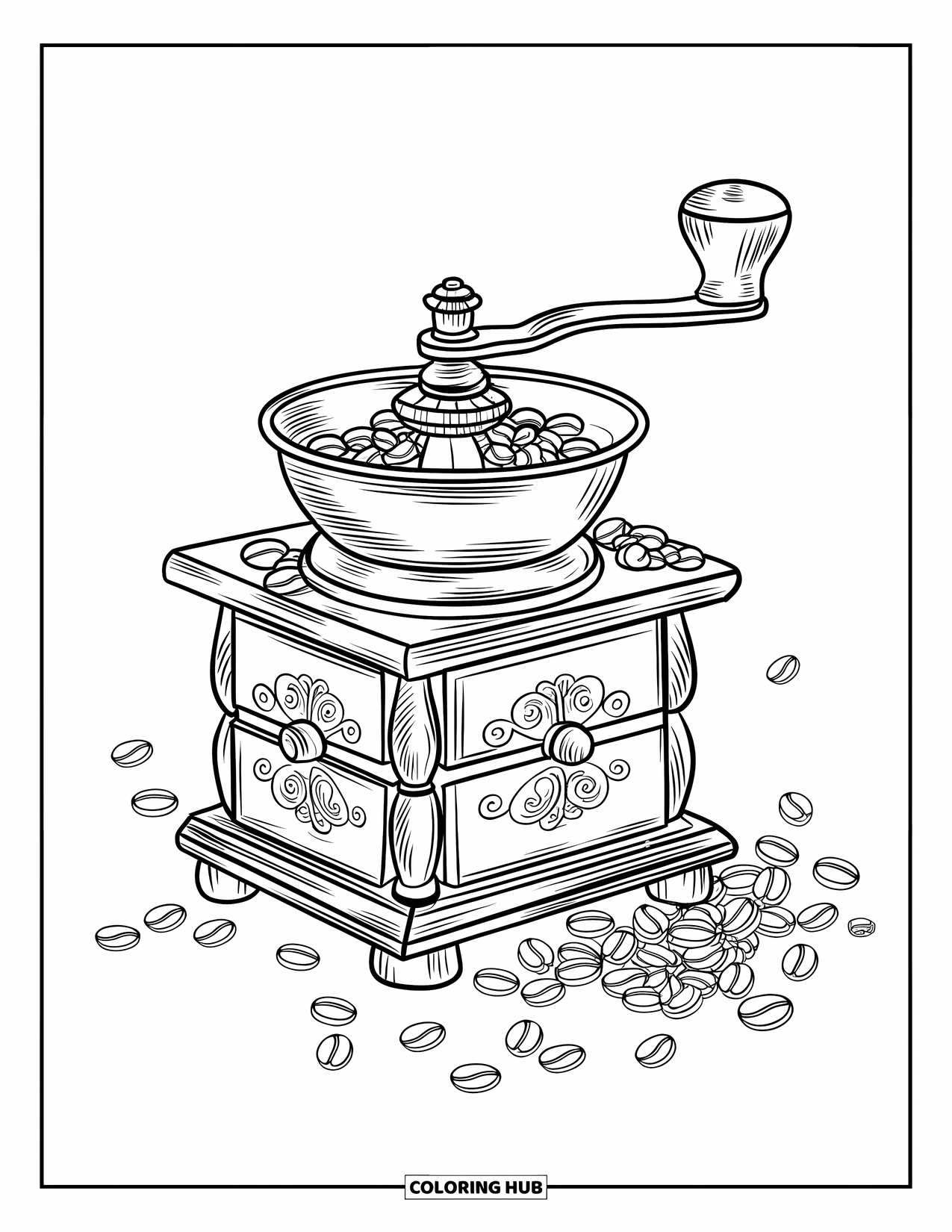 Coffee Coloring Page for Adults: An ornate coffee grinder with carvings and scattered beans