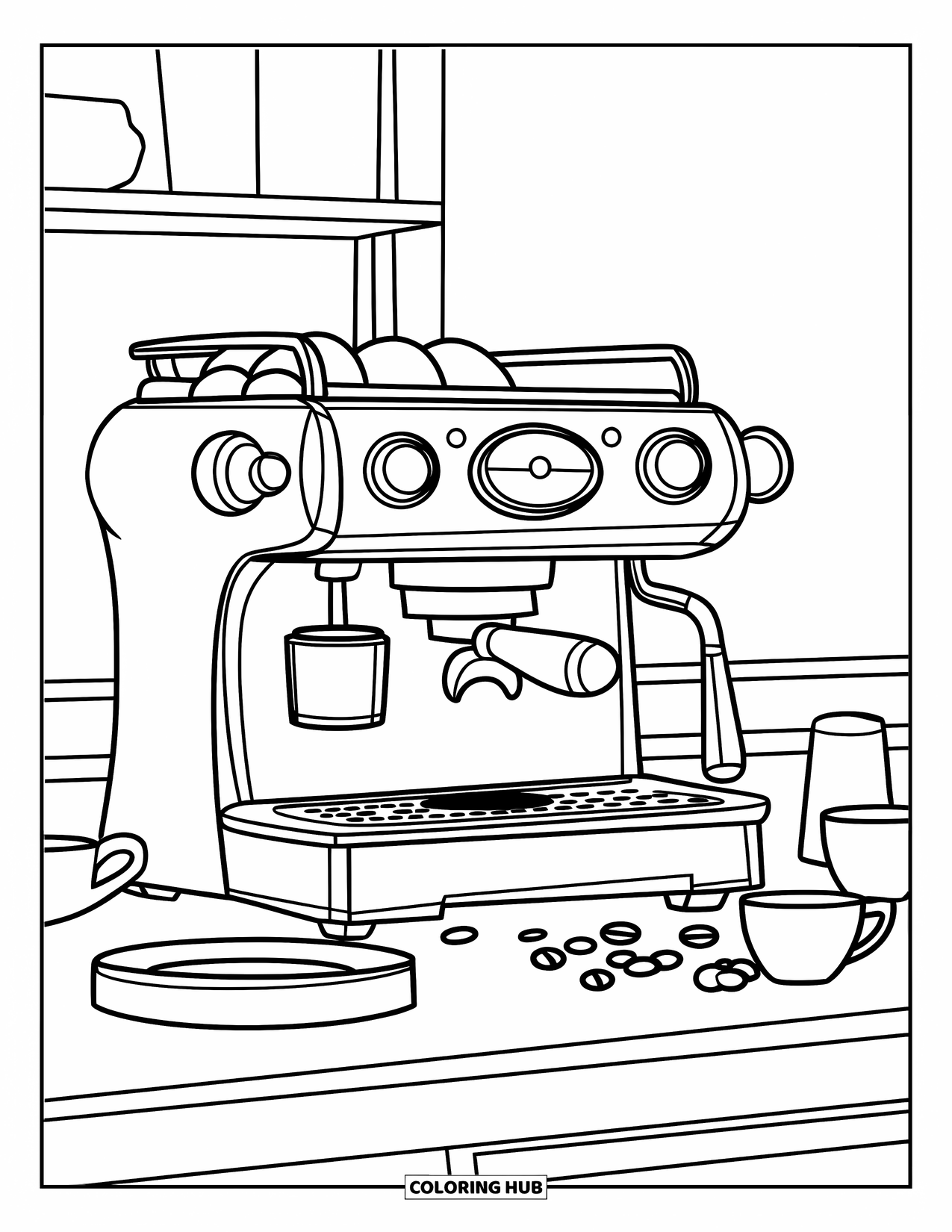 Coffee Coloring Page for Kids: A barista station with an espresso machine, a tray, and scattered coffee beans