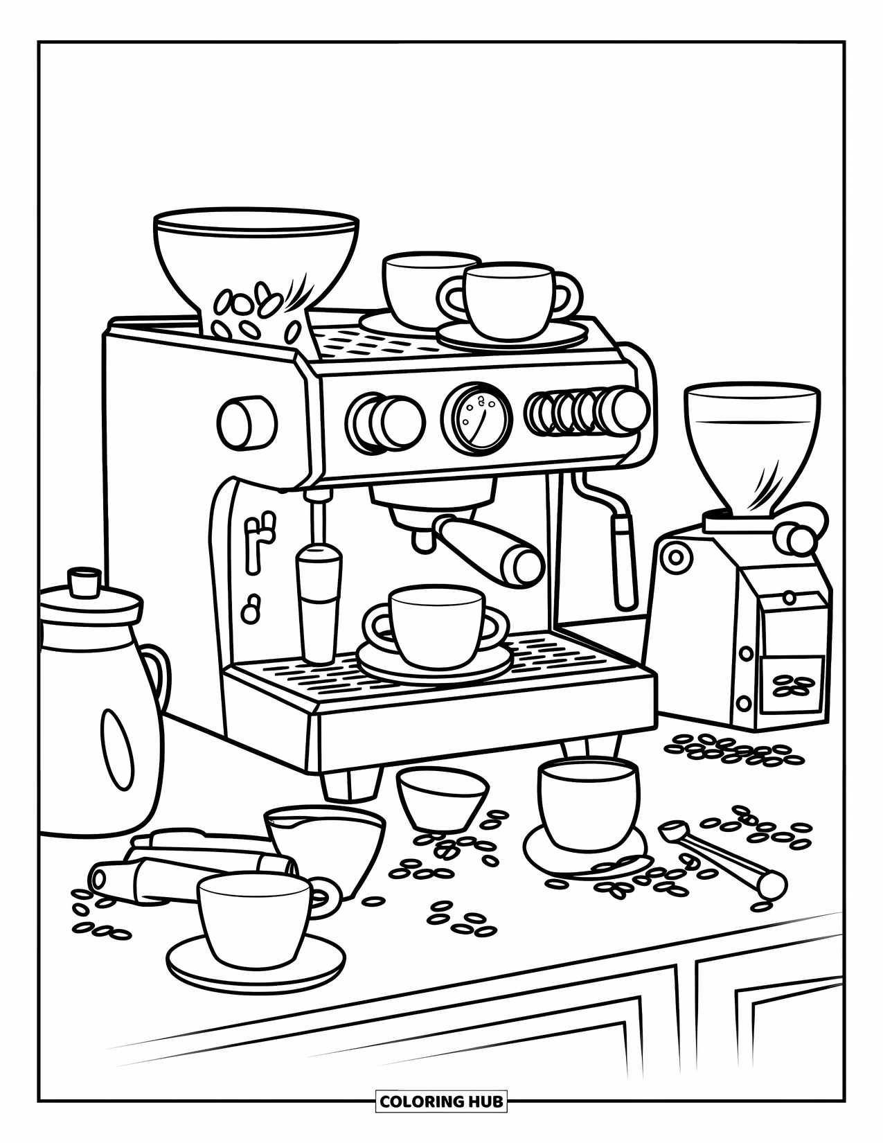 Coffee Coloring Page for Kids: A barista station with an espresso machine, cups, saucers, and a grinder