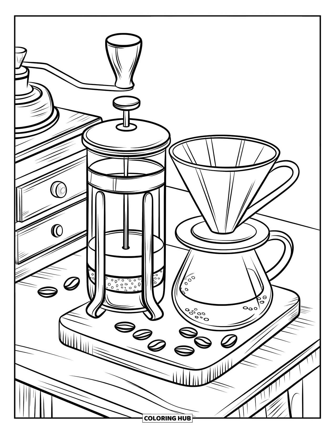 Coffee Coloring Page for Kids: A brewing station with a French press, ceramic pour-over cone, and wooden coffee grinder