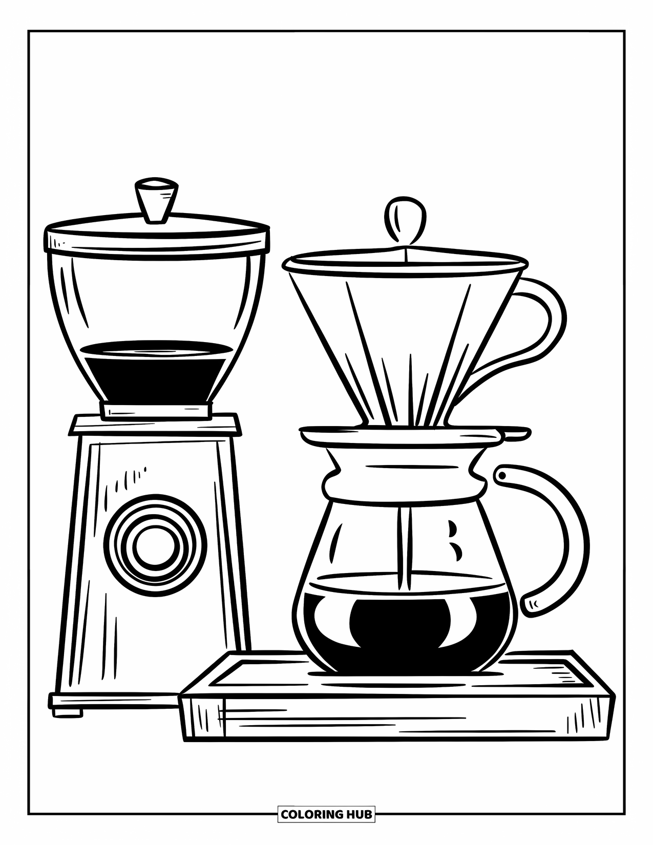 Coffee Coloring Page for Kids: A brewing station with a French press, pour-over cone, and coffee grinder on a table