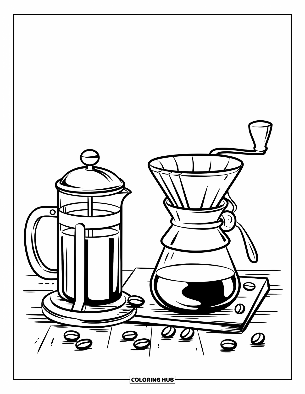 Coffee Coloring Page for Kids: A brewing station with a wooden surface, coffee grinder, and scattered coffee beans