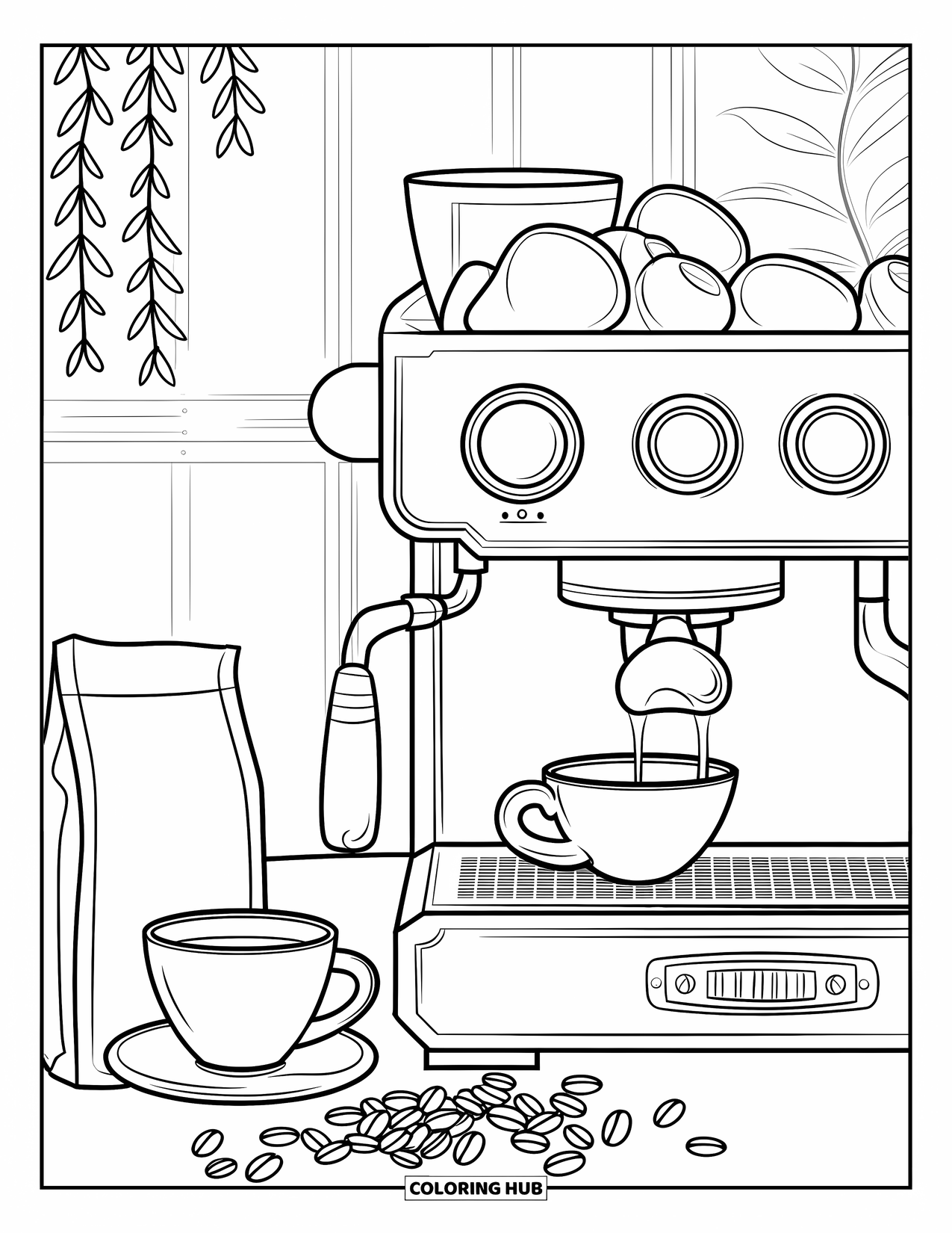 Coffee Coloring Page for Kids: A café barista station with an espresso machine, a cup, and scattered coffee beans
