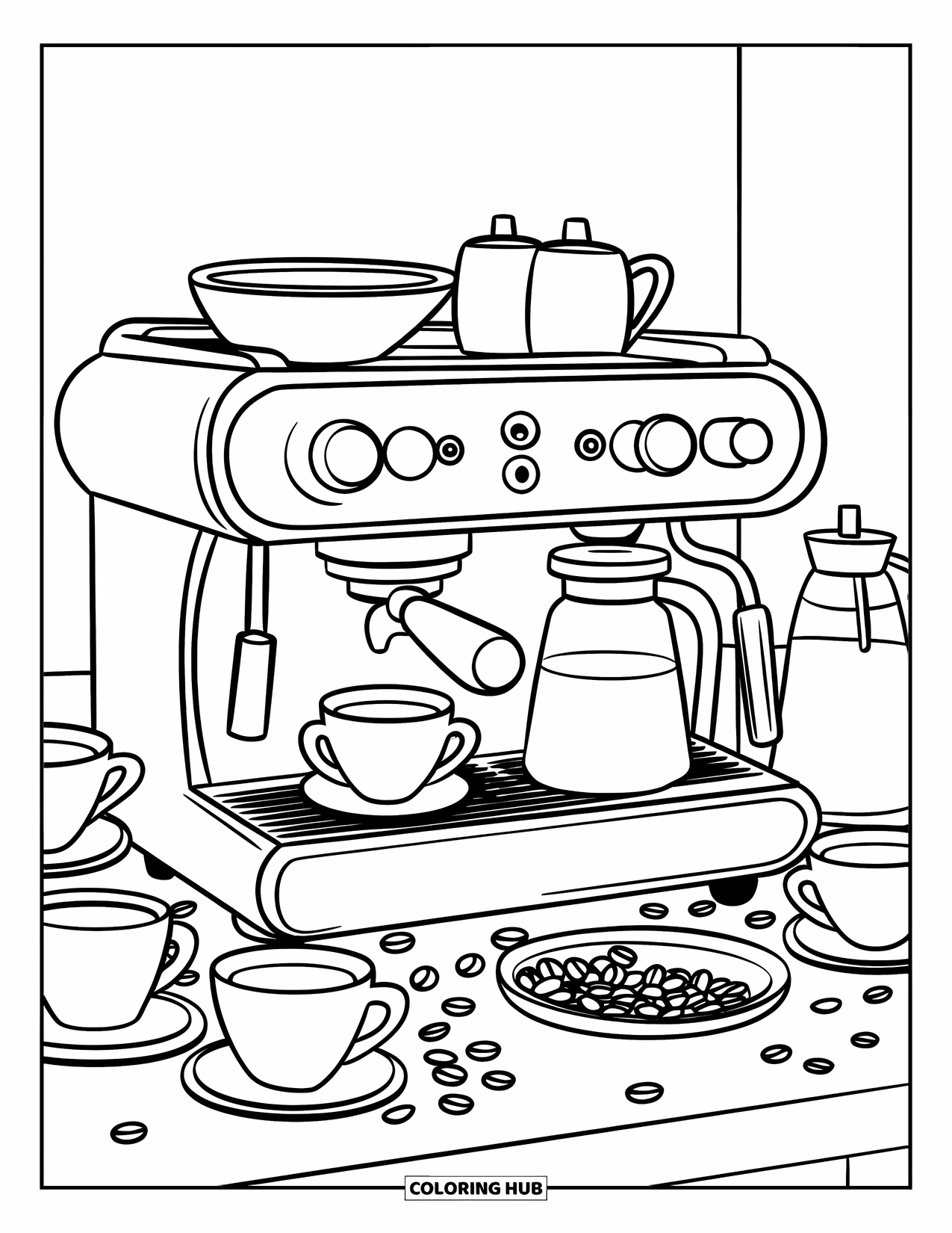 Coffee Coloring Page for Kids: A café barista station with an espresso machine, milk pitcher, and coffee beans