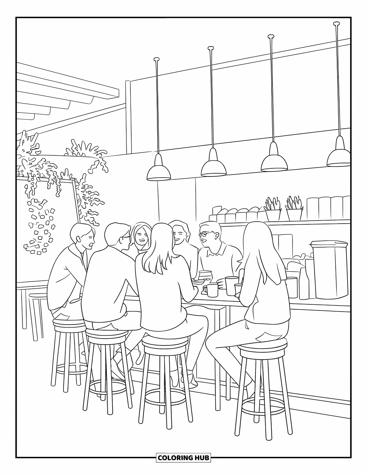 Coffee Coloring Page for Kids: A café scene with friends chatting at a table, surrounded by plants and a chalkboard