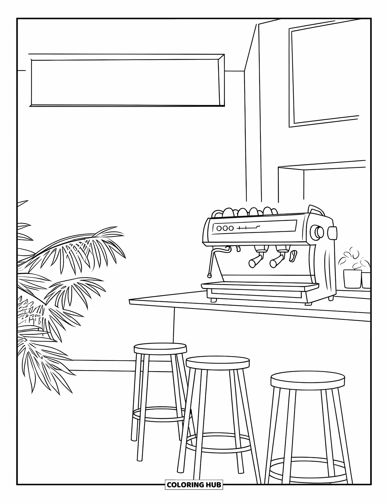 Coffee Coloring Page for Kids: A café scene with stools, a counter, a coffee machine, and potted plants