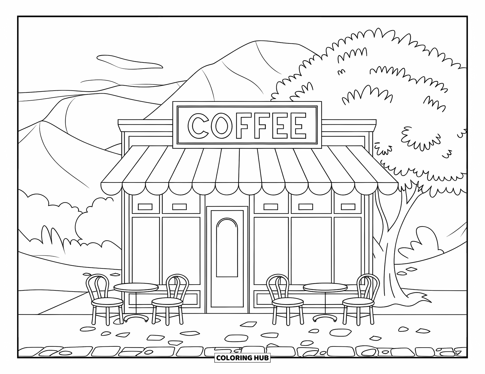 Coffee Coloring Page for Kids: A café storefront with a "Coffee" sign, cobblestone ground, trees, and mountain scenery