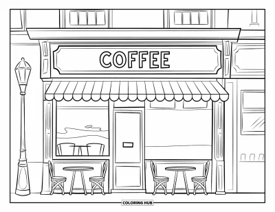 Kávés kifestő gyerekeknek: Kávézó bejárata "Coffee" felirattal, kültéri asztalkákkal és lámpással