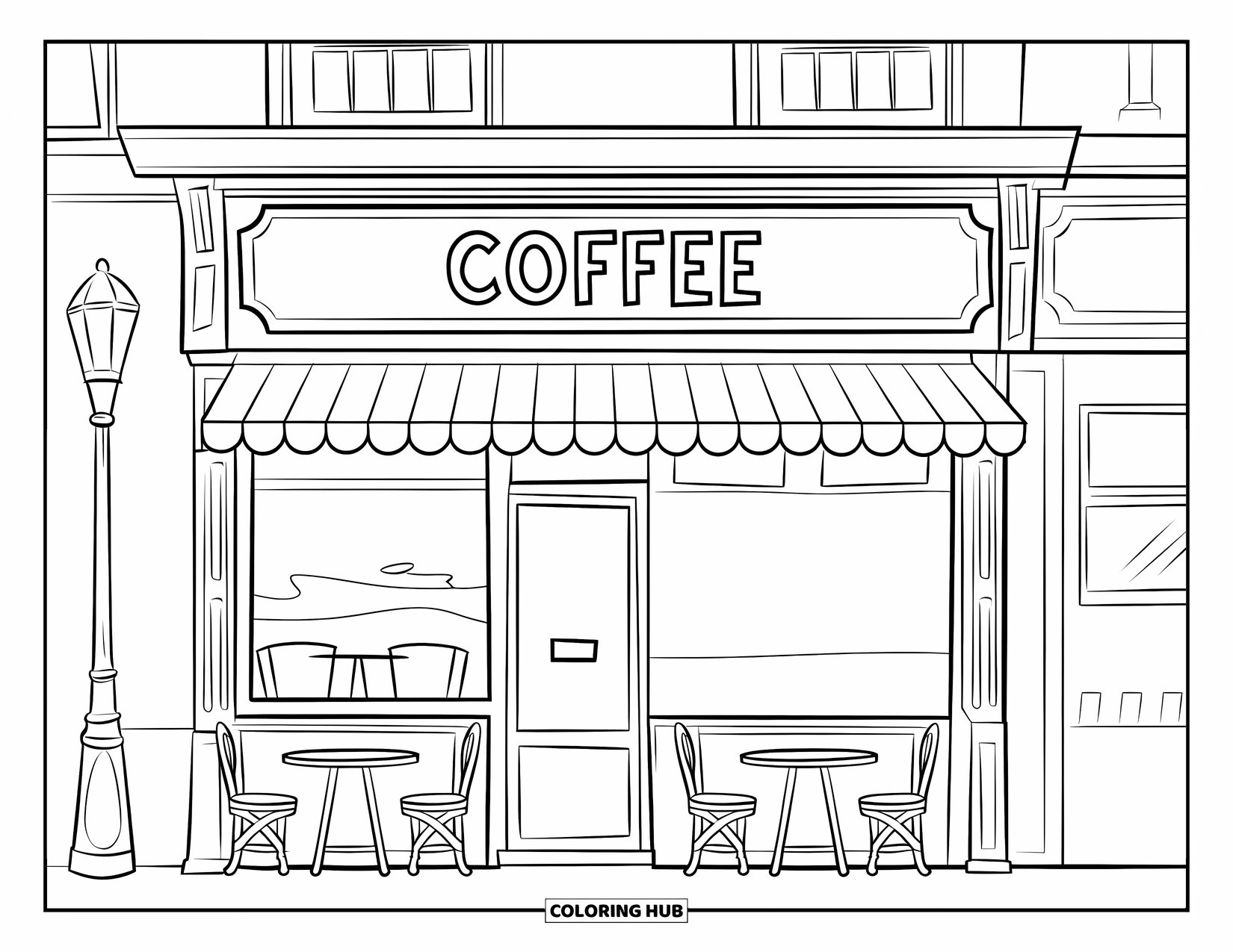Coffee Coloring Page for Kids: A café storefront with a "Coffee" sign, outdoor tables, and a lamp post