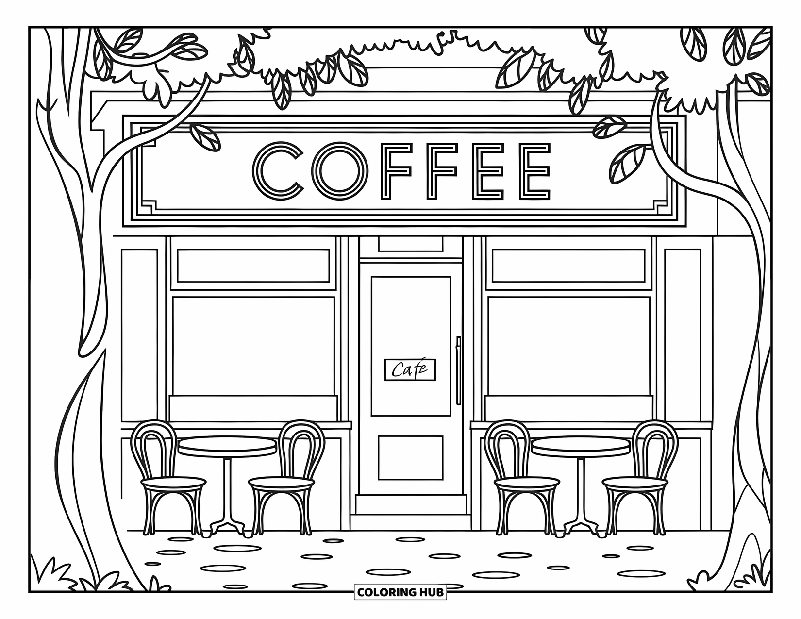 Coffee Coloring Page for Kids: A café storefront with a "Coffee" sign, stone pavement, and trees with leaves