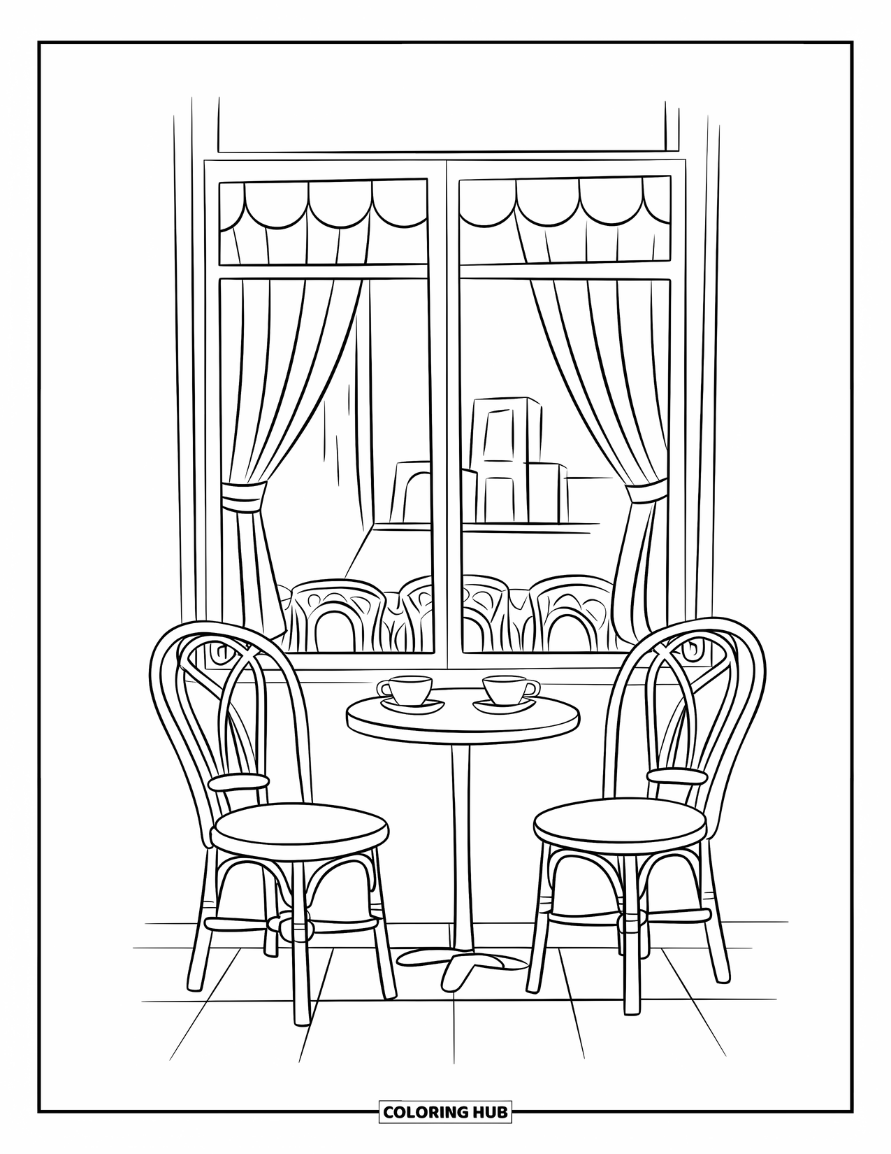 Coffee Coloring Page for Kids: A charming café with a round table, coffee cups, chairs, and a window with curtains