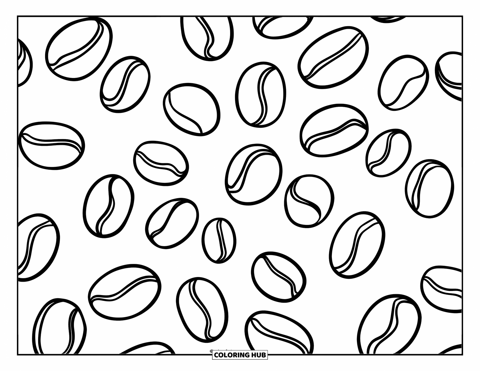Coffee Coloring Page for Kids: A cheerful design of scattered coffee beans in various sizes