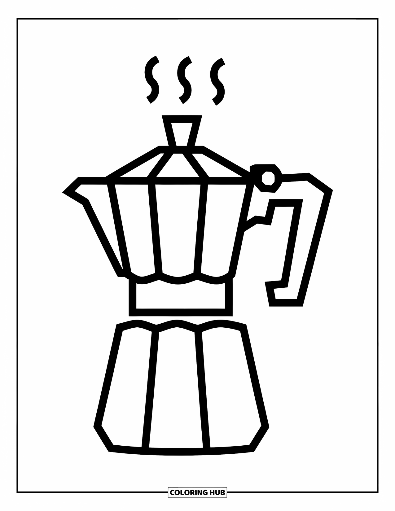 Coffee Coloring Page for Kids: A chunky coffee pot with a wide spout and steam rising