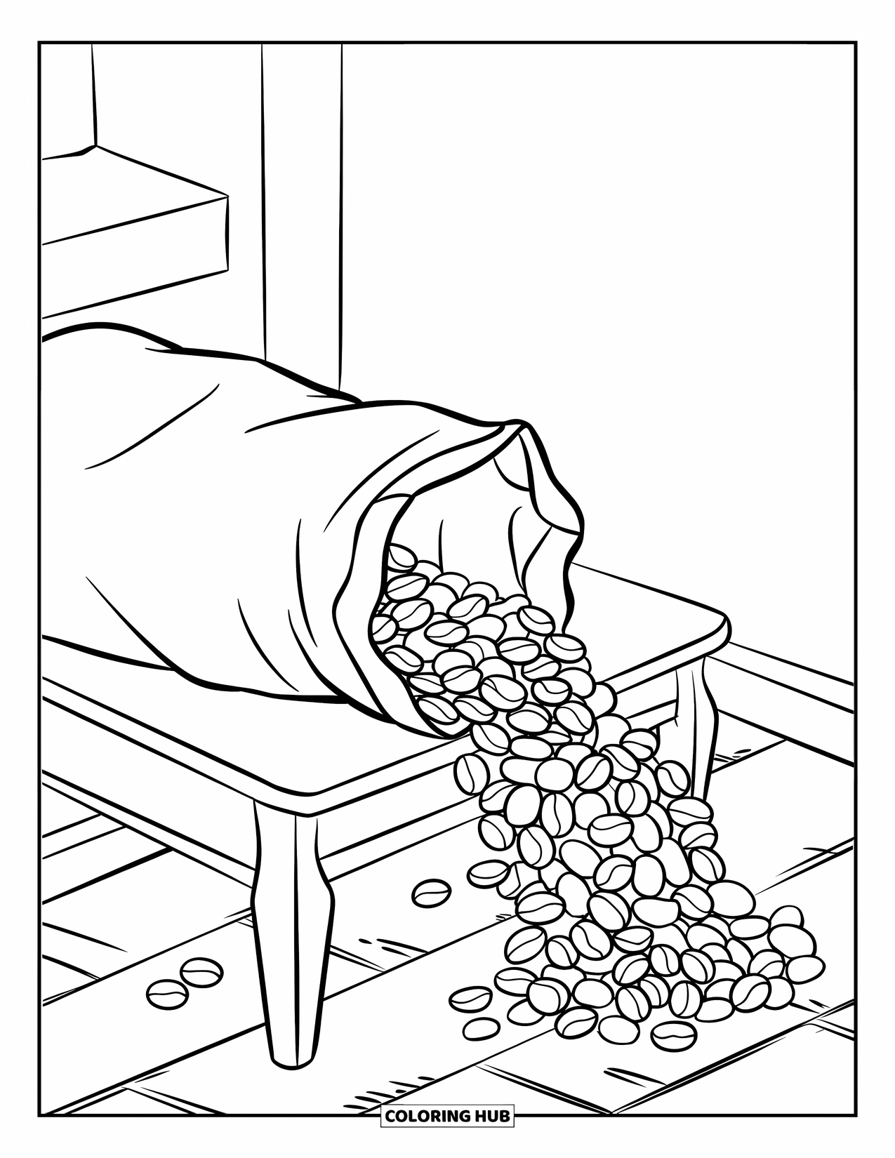 Coffee Coloring Page for Kids: A coffee bean bag spilling beans onto a small wooden table