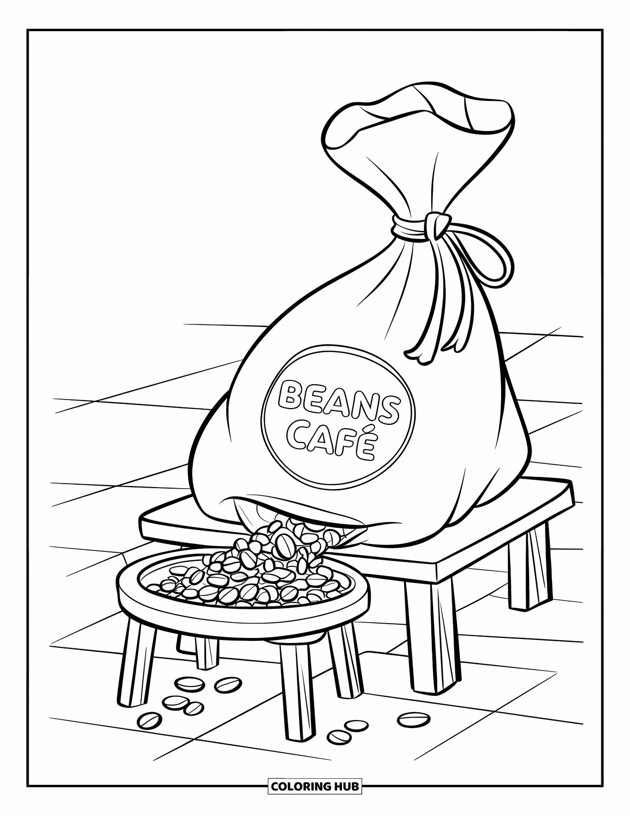 Coffee Coloring Page for Kids: A coffee bean bag tied with a string, spilling beans onto a checkered table