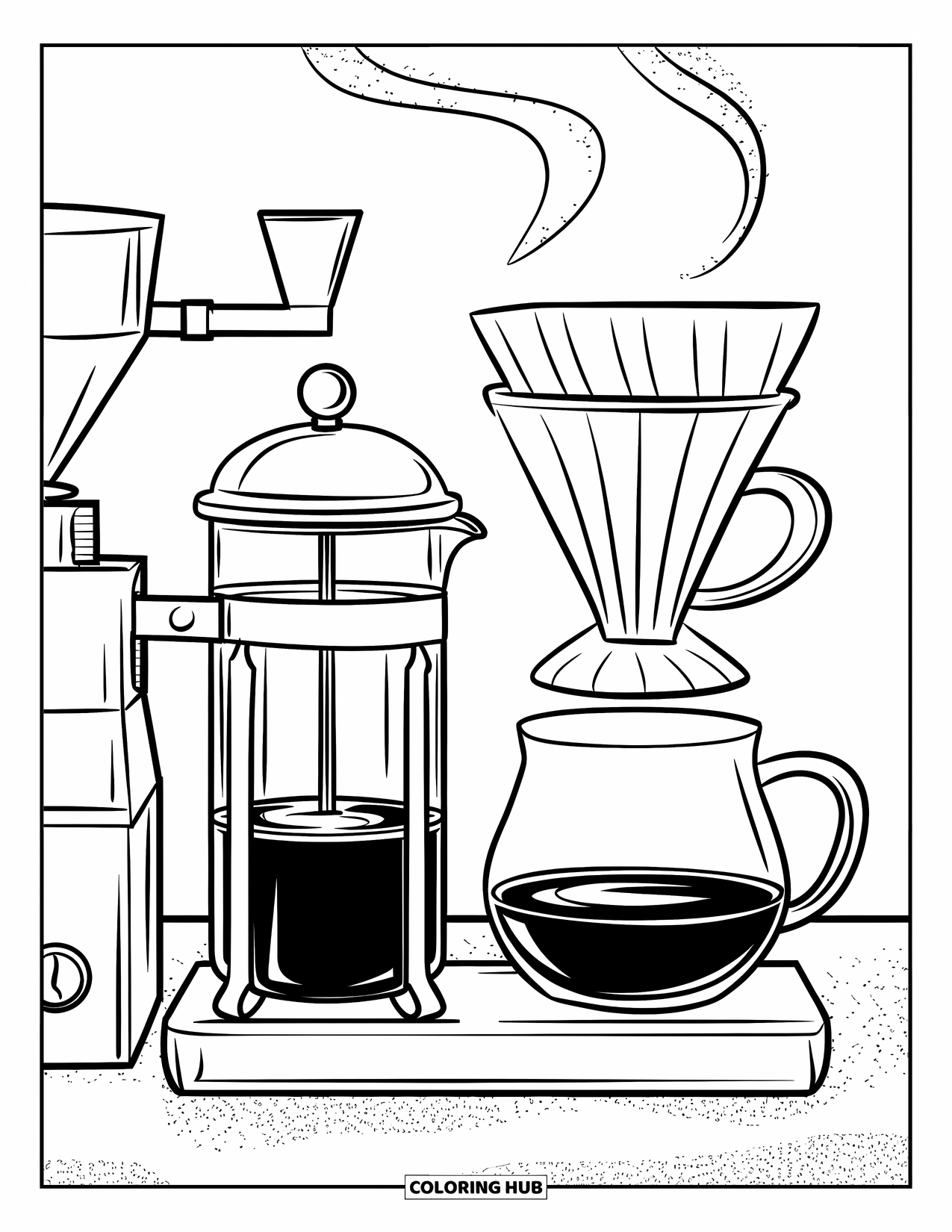 Coffee Coloring Page for Kids: A coffee brewing station with a French press, pour-over cone, and grinder
