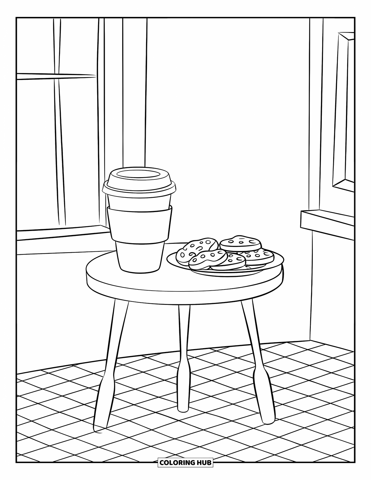 Coffee Coloring Page for Kids: A coffee cup and cookies on a table, set on a checkered floor near a window