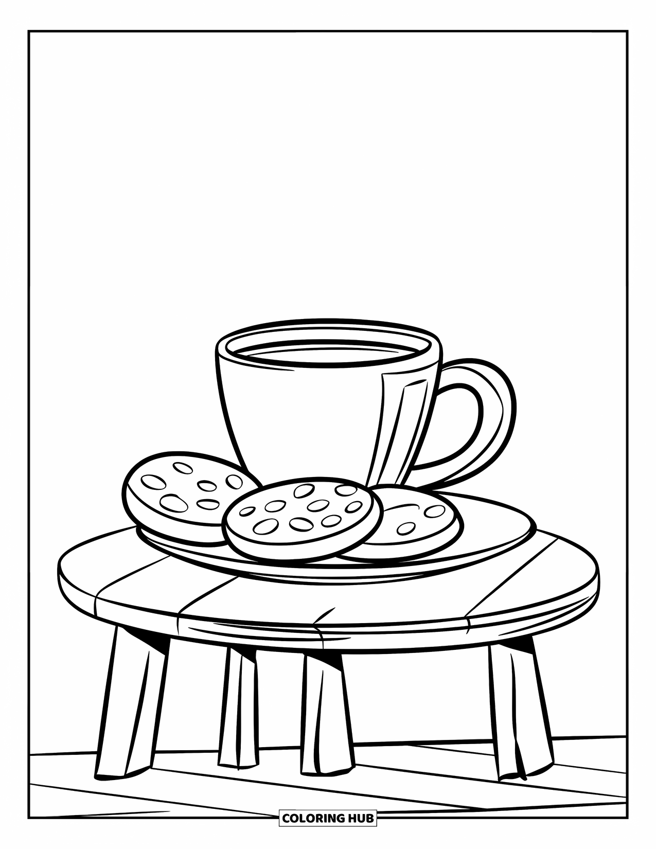 Coffee Coloring Page for Kids: A coffee cup on a small wooden table with cookies beside it