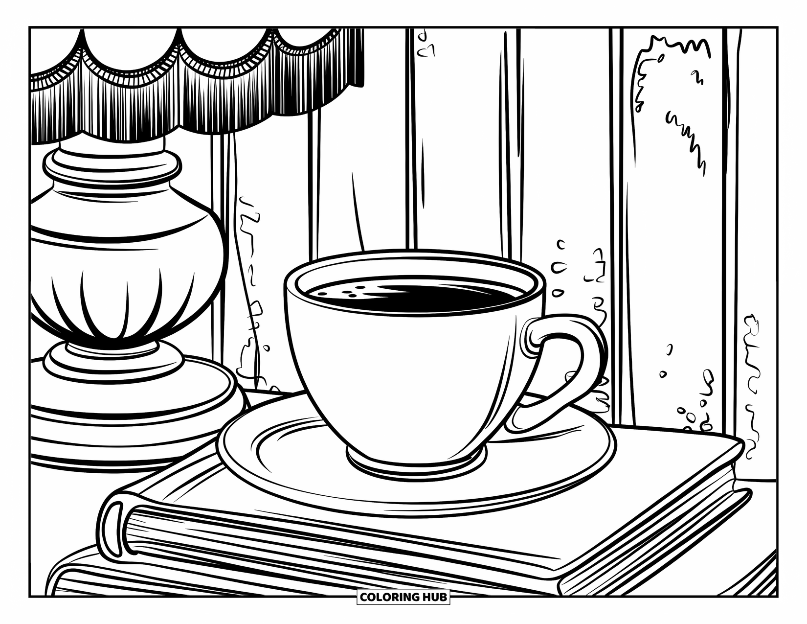 Coffee Coloring Page for Kids: A coffee cup on books in a vintage café with a fringed lamp and wooden textures