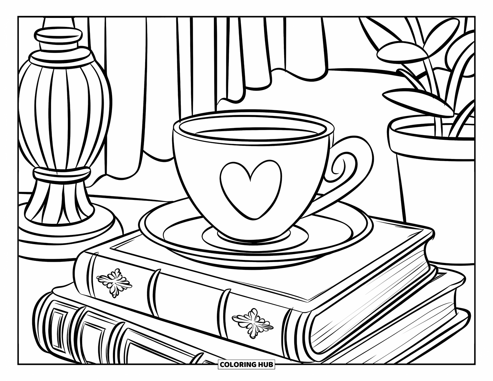 Coffee Coloring Page for Kids: A coffee cup with a heart engraving, surrounded by vintage décor in a cozy café
