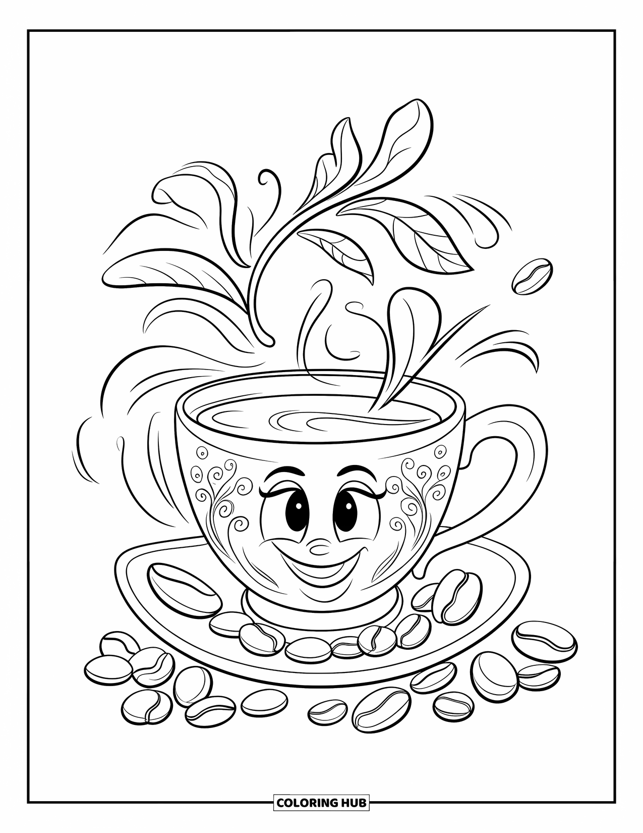 Coffee Coloring Page for Kids: A coffee cup with a playful face, wearing a hat, surrounded by coffee beans