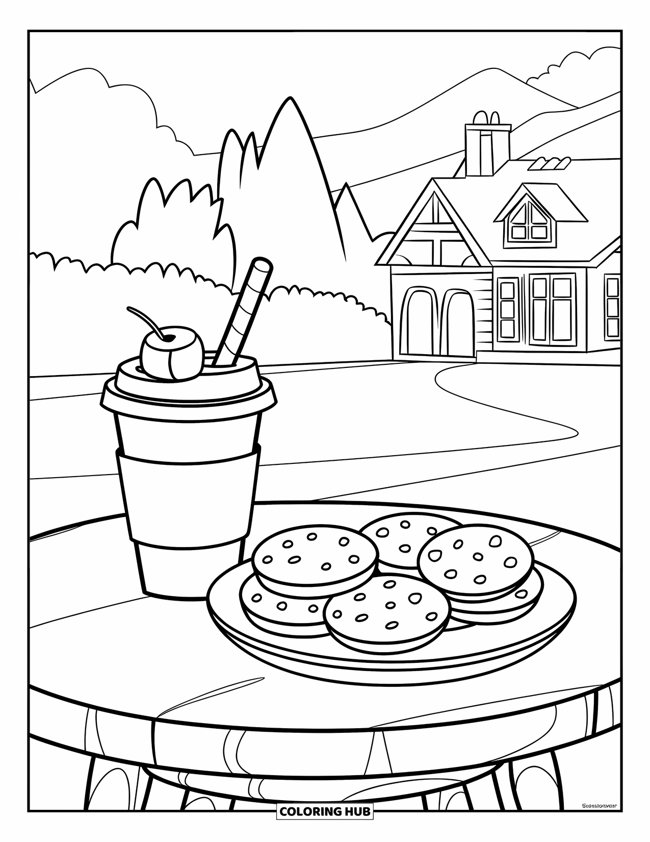 Coffee Coloring Page for Kids: A coffee cup with a straw, cookies, and a house with trees in the background