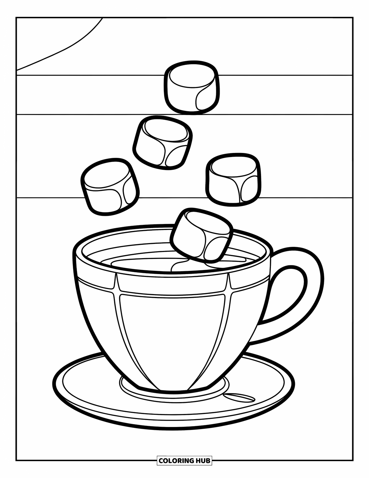 Coffee Coloring Page for Kids: A coffee cup with floating marshmallows on top