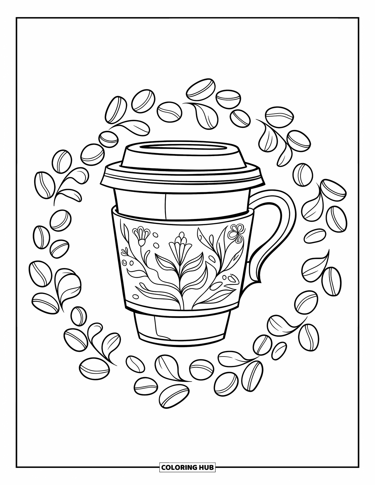 Coffee Coloring Page for Kids: A coffee cup with floral engravings, surrounded by coffee beans in a circular pattern