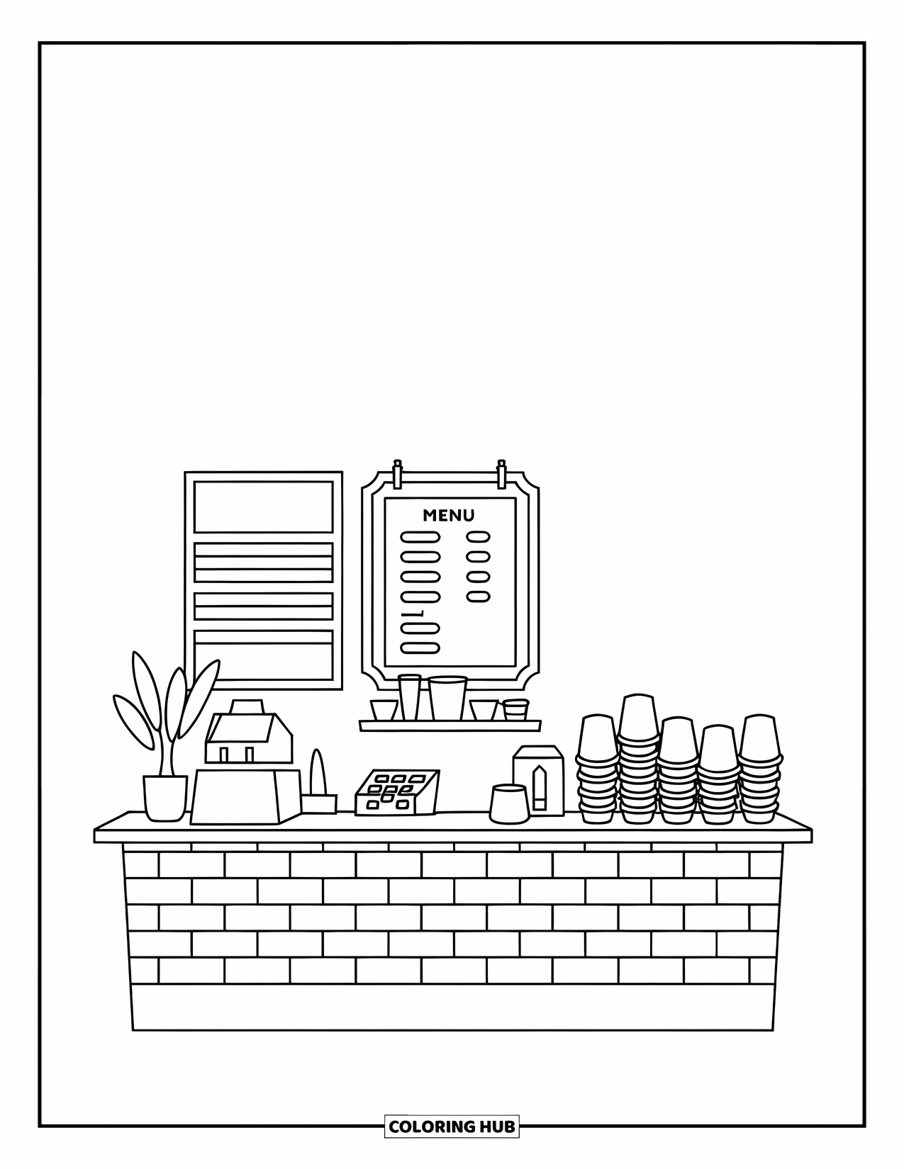 Coffee Coloring Page for Kids: A coffee shop with a counter, cash register, stacked cups, and a plain background