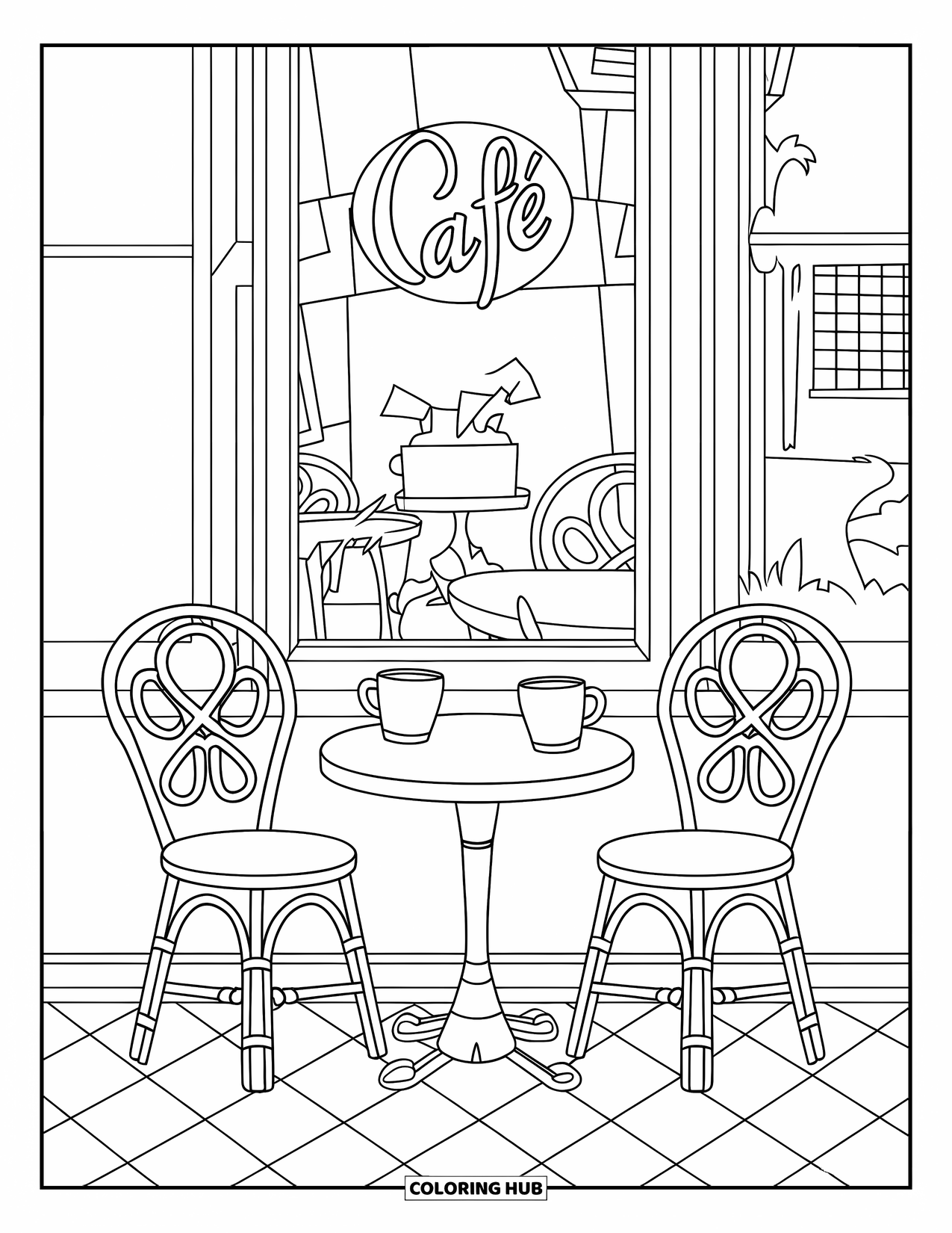 Coffee Coloring Page for Kids: A cozy café scene with a small table, two coffee cups, and a window
