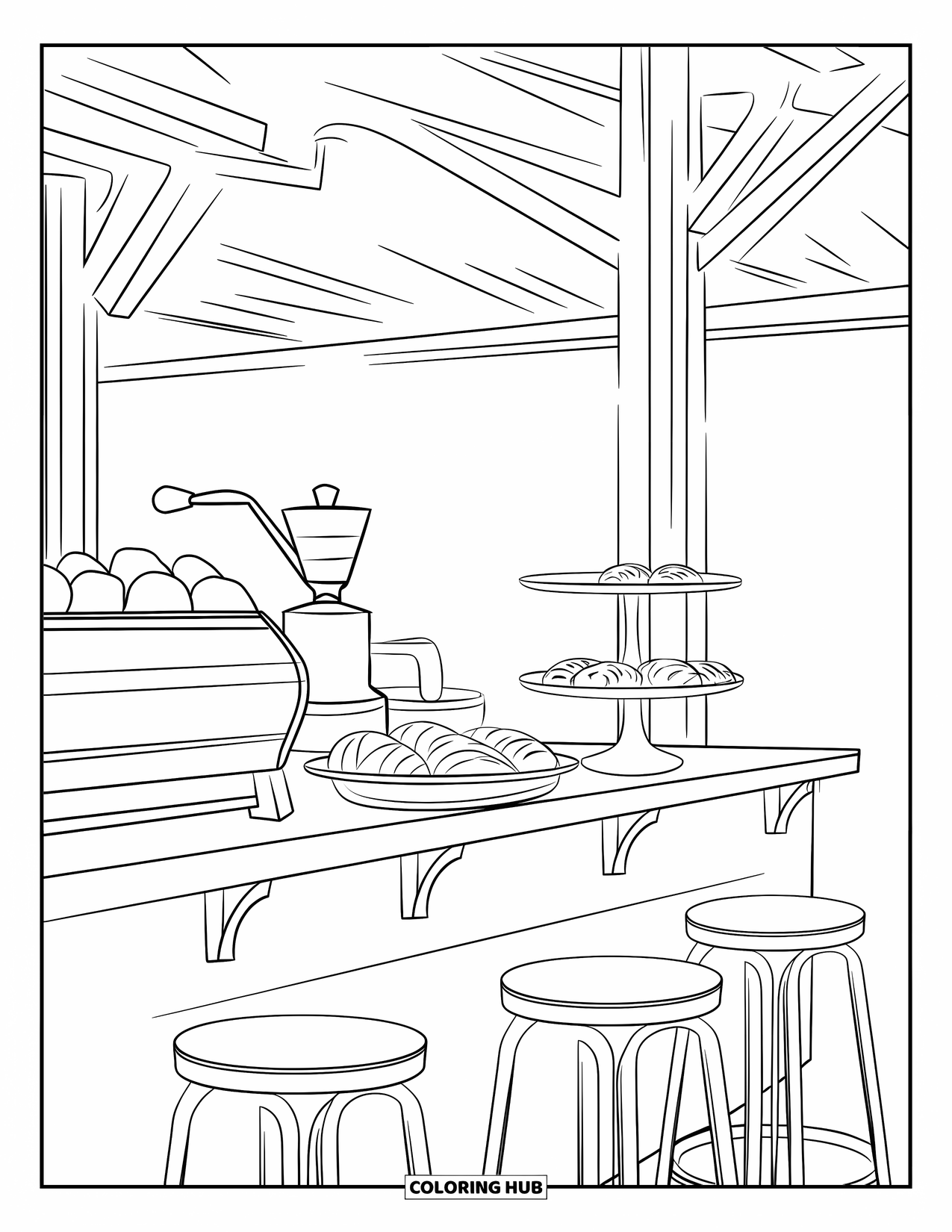 Coffee Coloring Page for Kids: A cozy café with a steaming coffee pot, pastries, and wooden beams