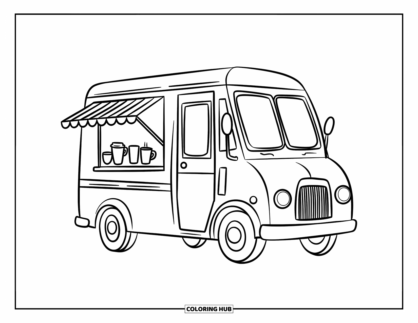 Coffee Coloring Page for Kids: A cute café truck with an open window displaying cups and coffee pots