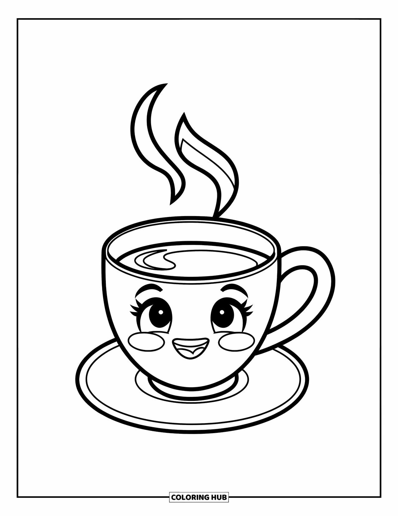 Coffee Coloring Page for Kids: A cute coffee mug with steam swirls on a saucer