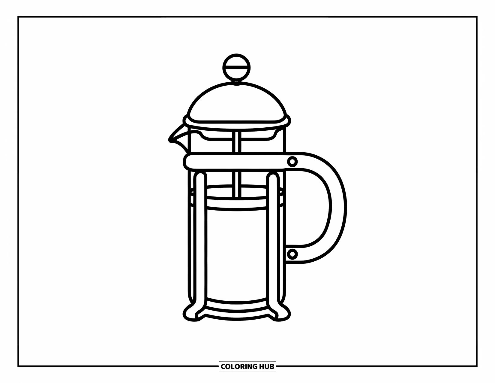 Coffee Coloring Page for Kids: A French press coffee maker with a recognizable plunger and handle