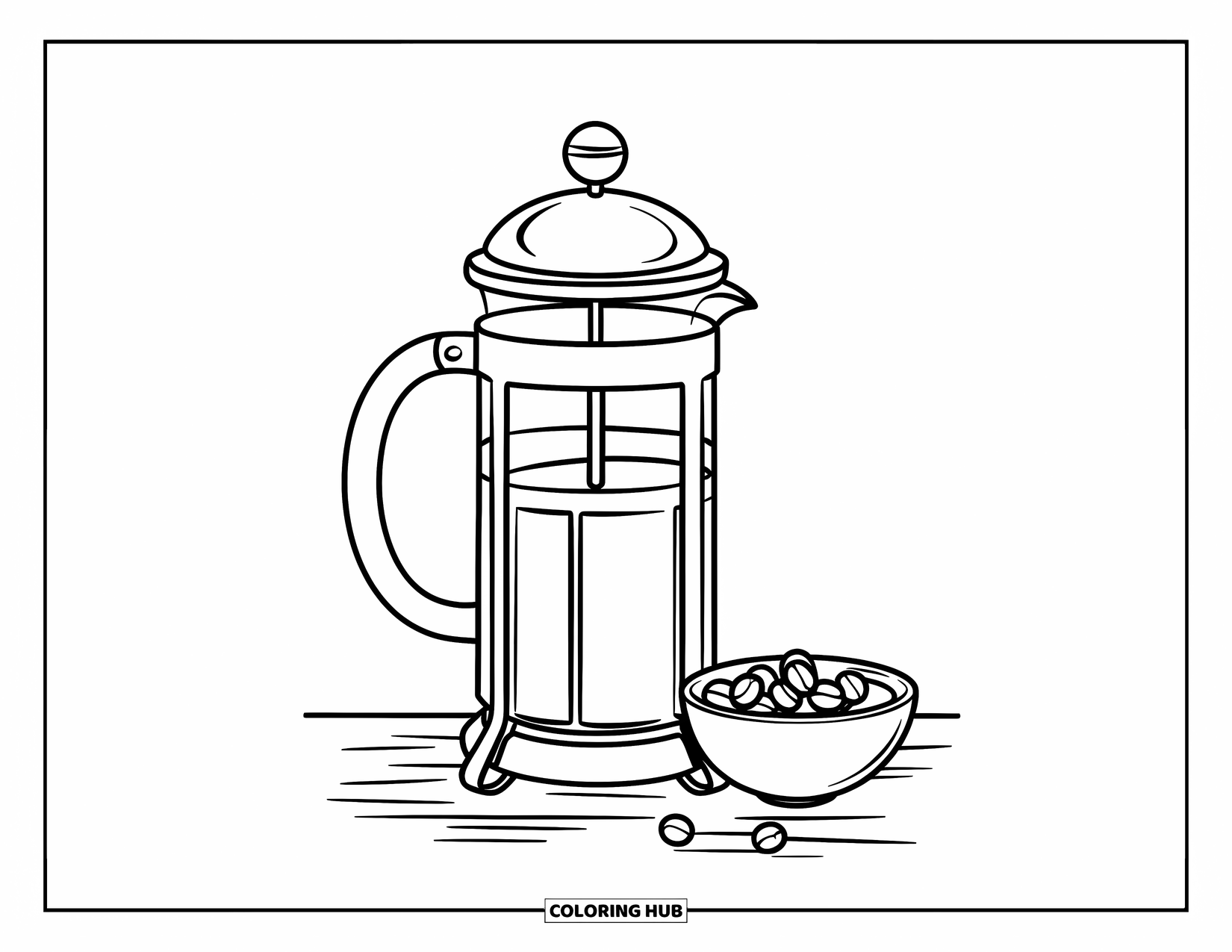Coffee Coloring Page for Kids: A French press on a wooden surface with coffee beans beside it