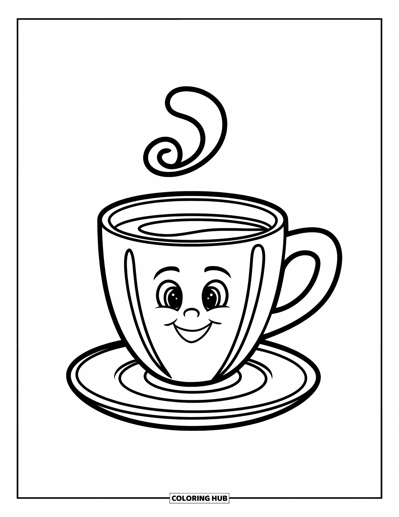 Coffee Coloring Page for Kids: A happy coffee mug with steam, placed on a saucer