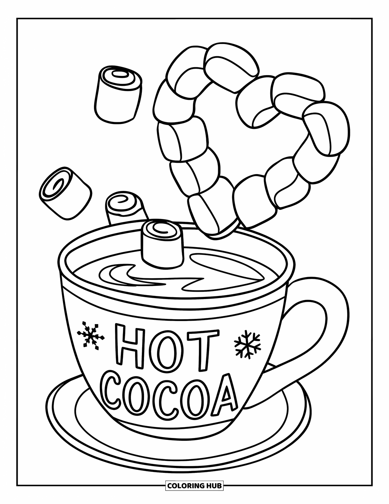 Coffee Coloring Page for Kids: A hot cocoa cup with a snowflake and heart-shaped marshmallows