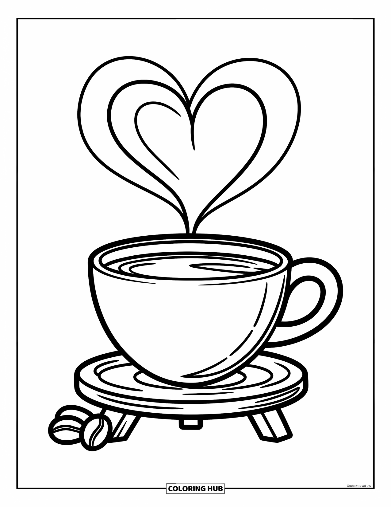 Coffee Coloring Page for Kids: A large coffee cup with heart-shaped steam on a stand