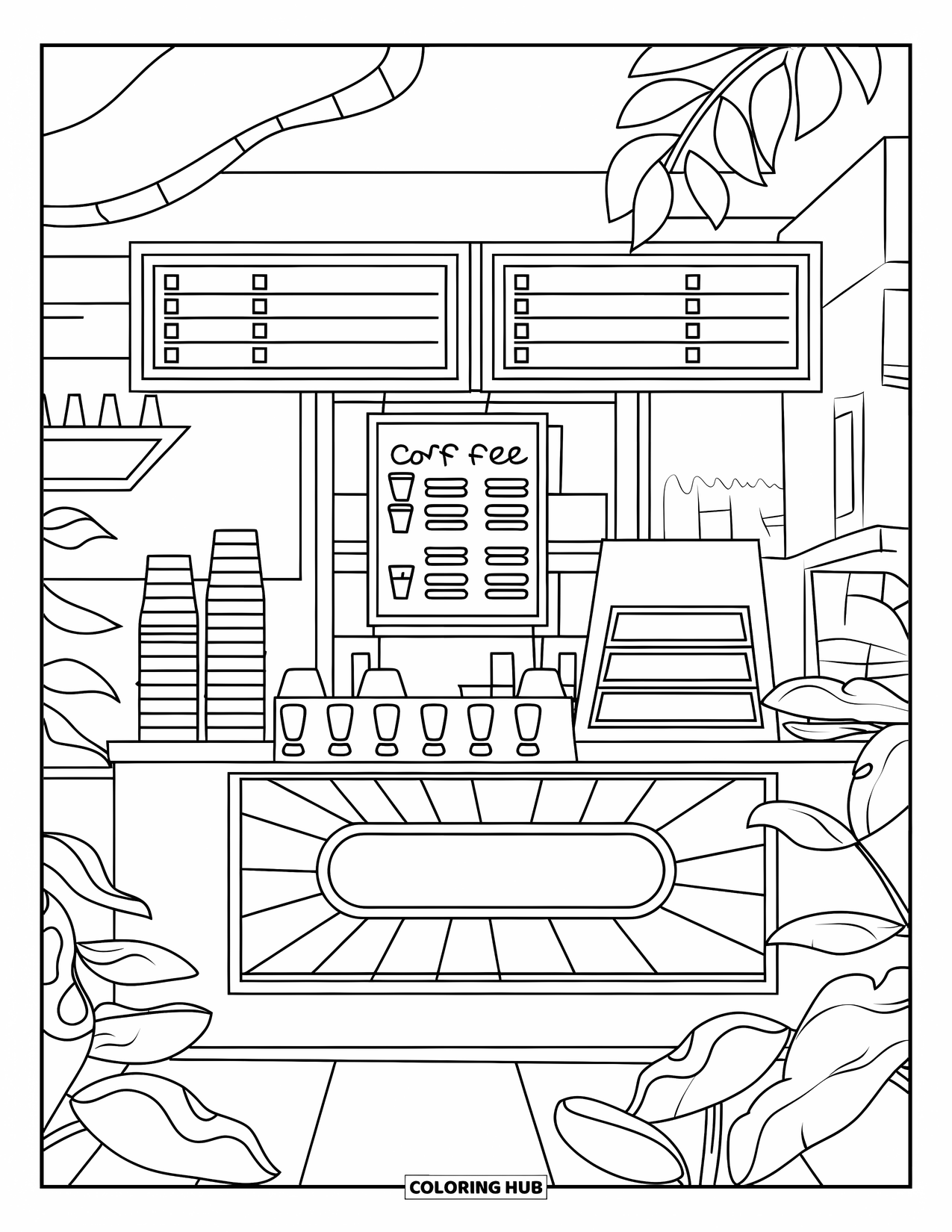Coffee Coloring Page for Kids: A modern coffee shop with a counter, a menu board, and neatly stacked cups