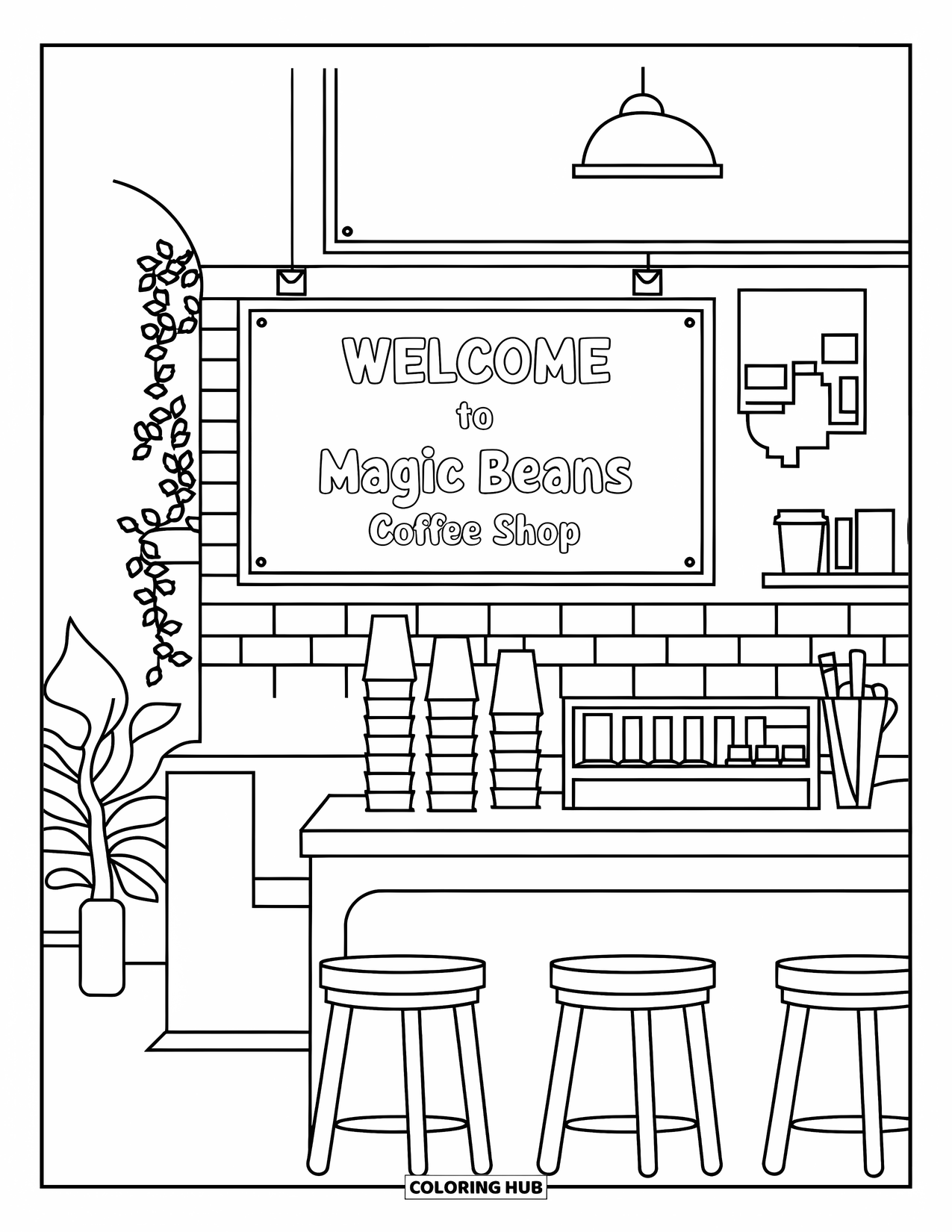 Coffee Coloring Page for Kids: A modern coffee shop with a counter, menu board, chairs, and potted plants