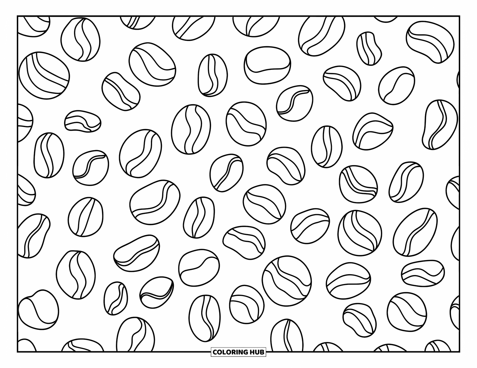 Coffee Coloring Page for Kids: A playful pattern of scattered coffee beans in various sizes