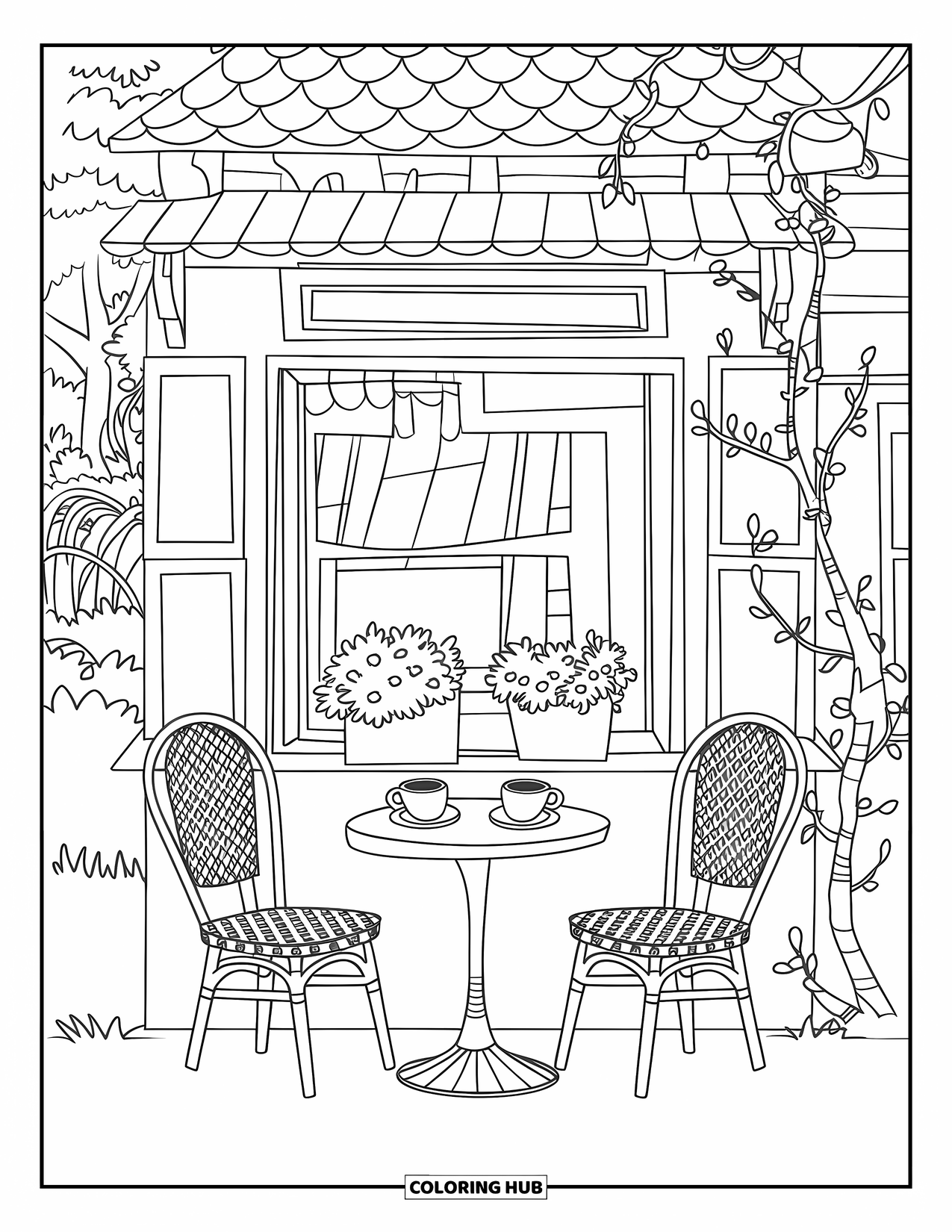 Coffee Coloring Page for Kids: A quaint café with a checkered tablecloth, potted plants, and a window overlooking trees