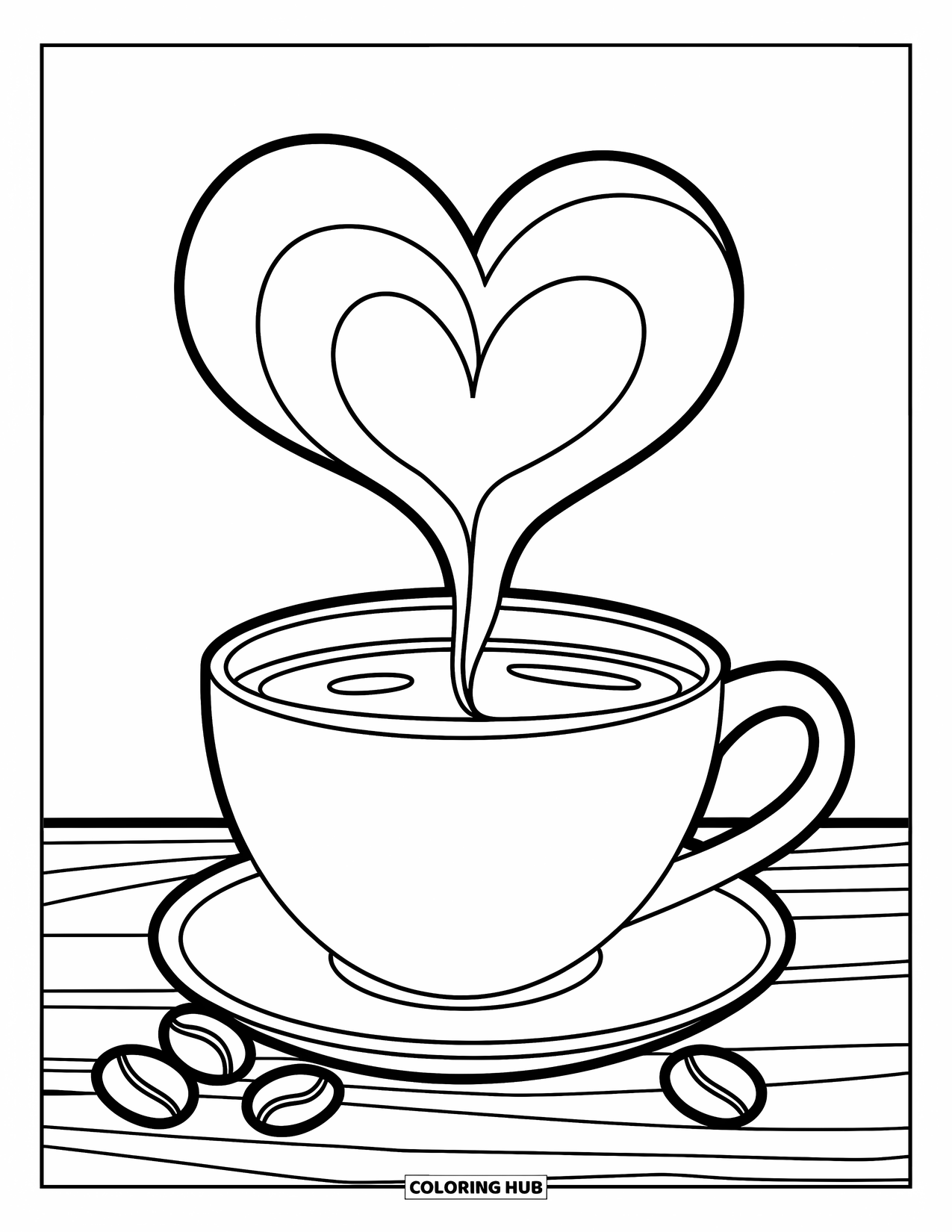Coffee Coloring Page for Kids: A round coffee cup with heart-shaped steam on a wooden surface