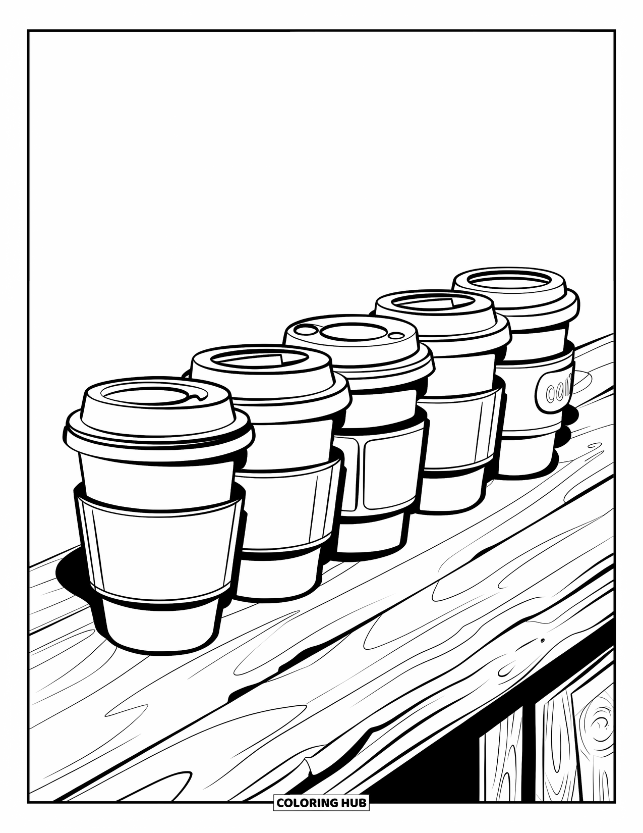 Coffee Coloring Page for Kids: A row of different coffee cups, each with a unique lid or handle