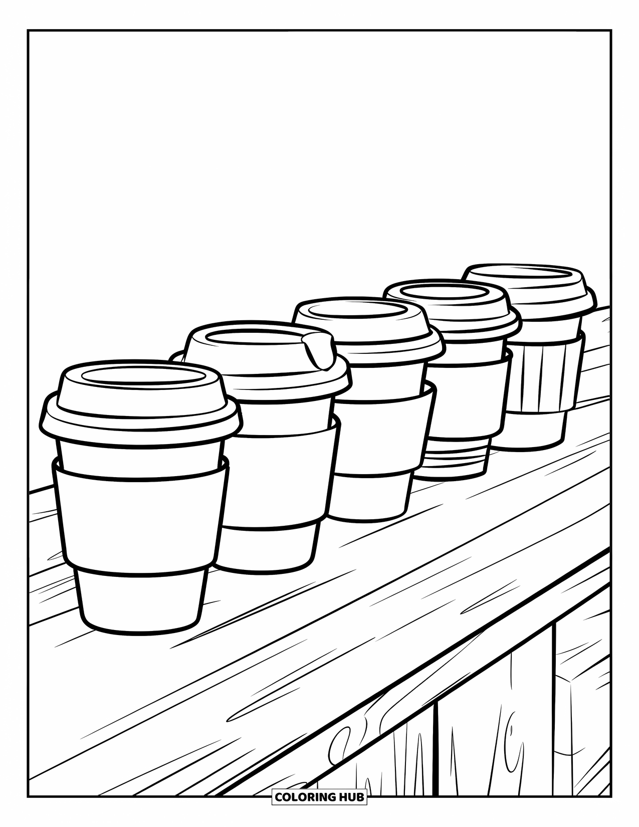 Coffee Coloring Page for Kids: A row of unique coffee cups placed on a wooden surface in a minimalist style