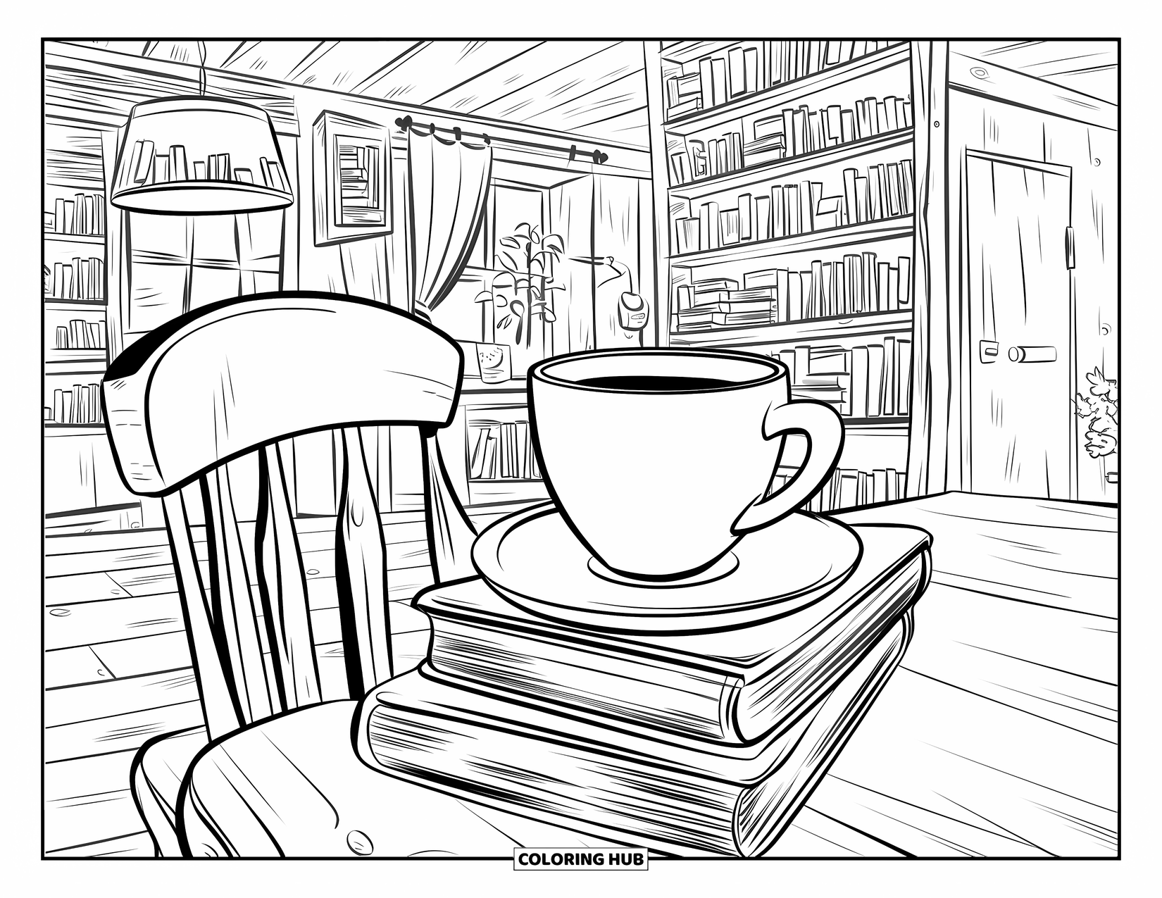 Coffee Coloring Page for Kids: A rustic café with a coffee cup on books, wooden furniture, and a bookshelf