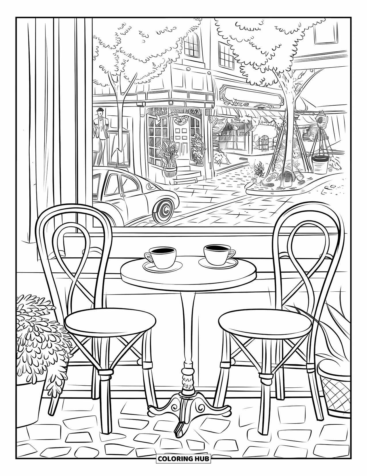 Coffee Coloring Page for Kids: A rustic café with wooden furniture, potted plants, and a view of a busy street
