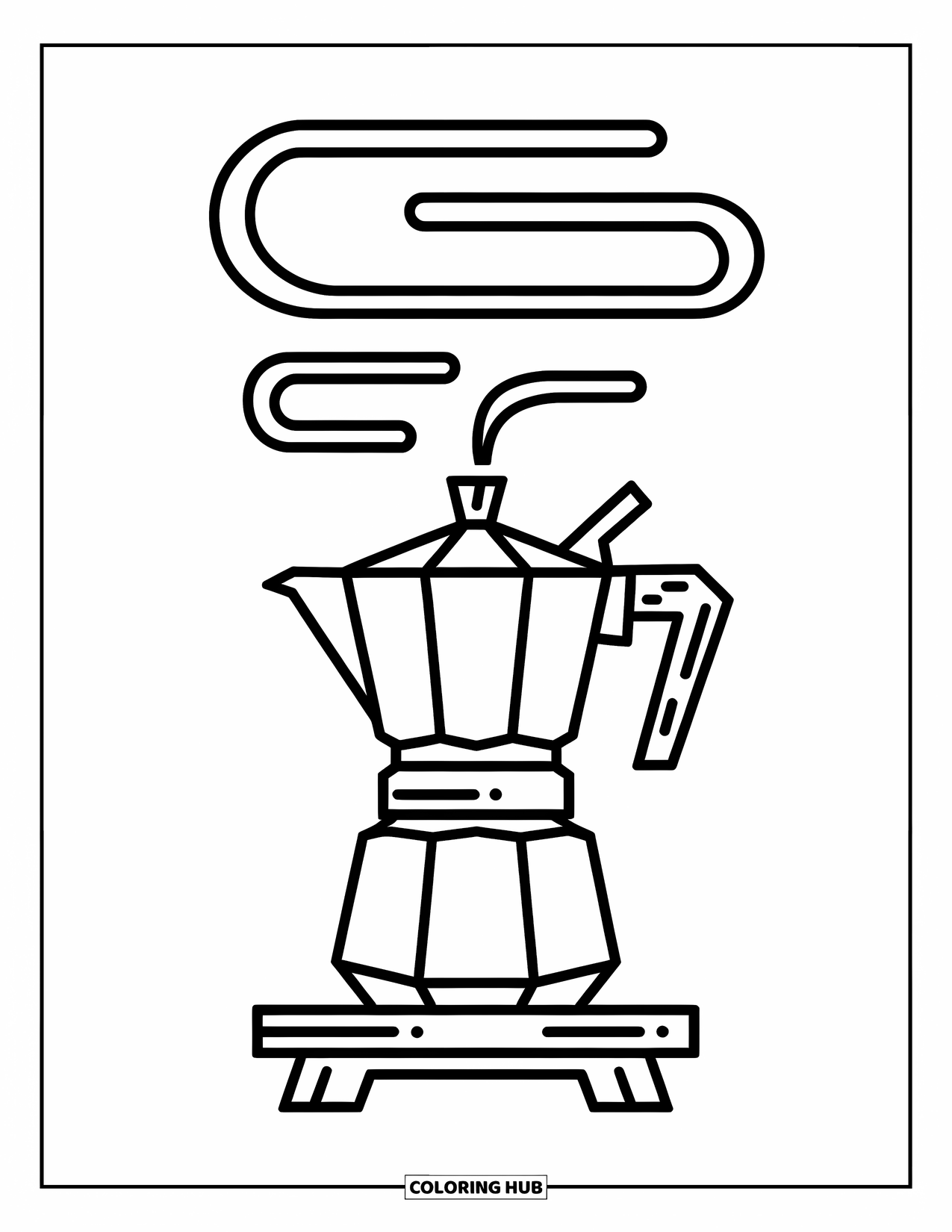 Coffee Coloring Page for Kids: A rustic coffee pot on a wooden stand with curved steam lines