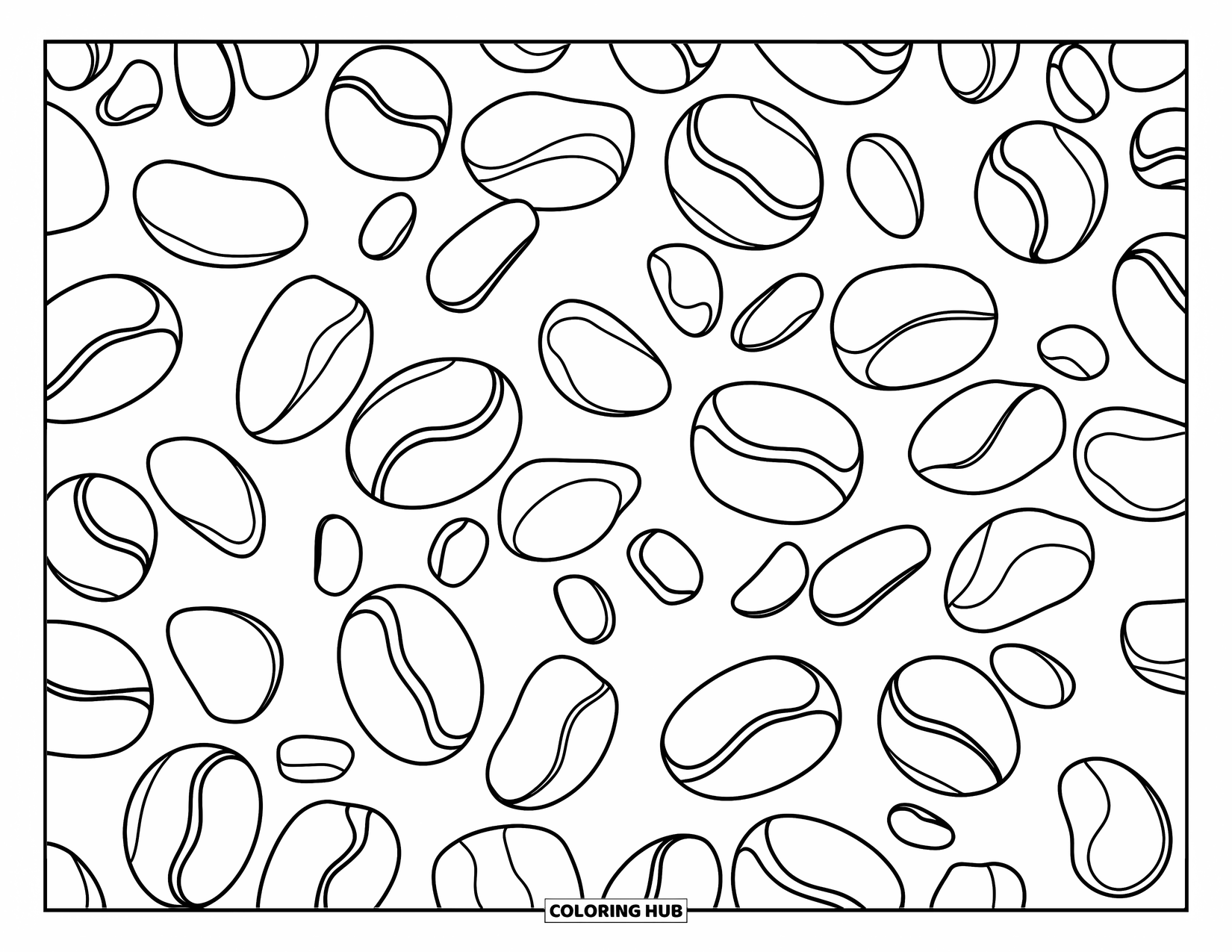 Coffee Coloring Page for Kids: A simple layout of scattered coffee beans in different sizes